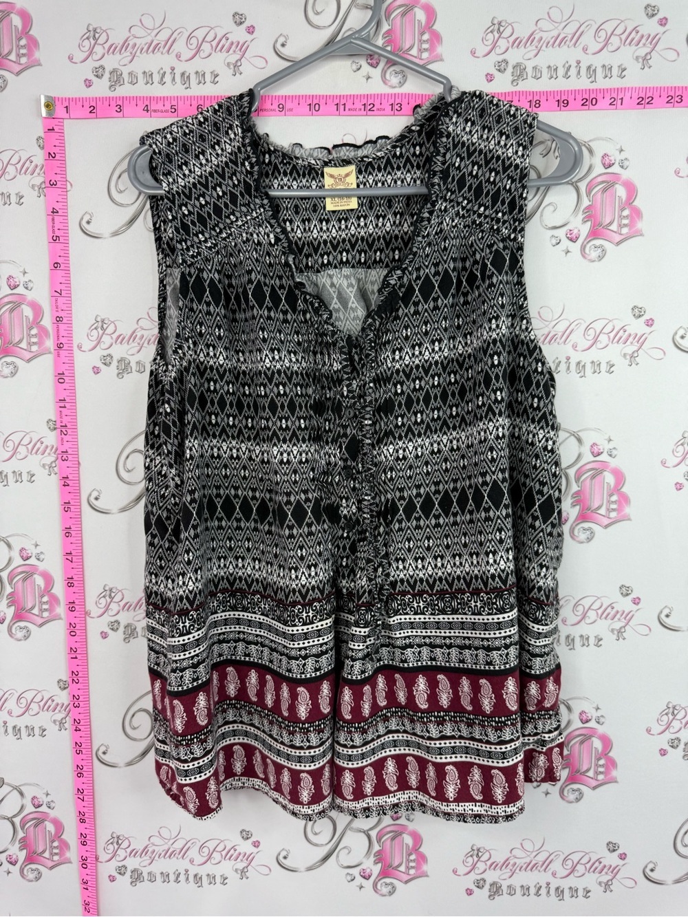 Faded Glory tank top Black, White & Burgundy Patterned Ruffle-Front Camisole